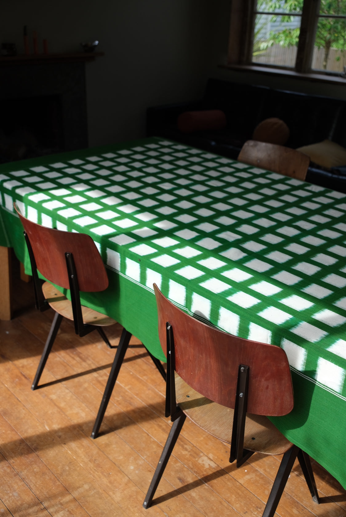 Handwoven Cotton Ikat Tablecloth - Green Grid