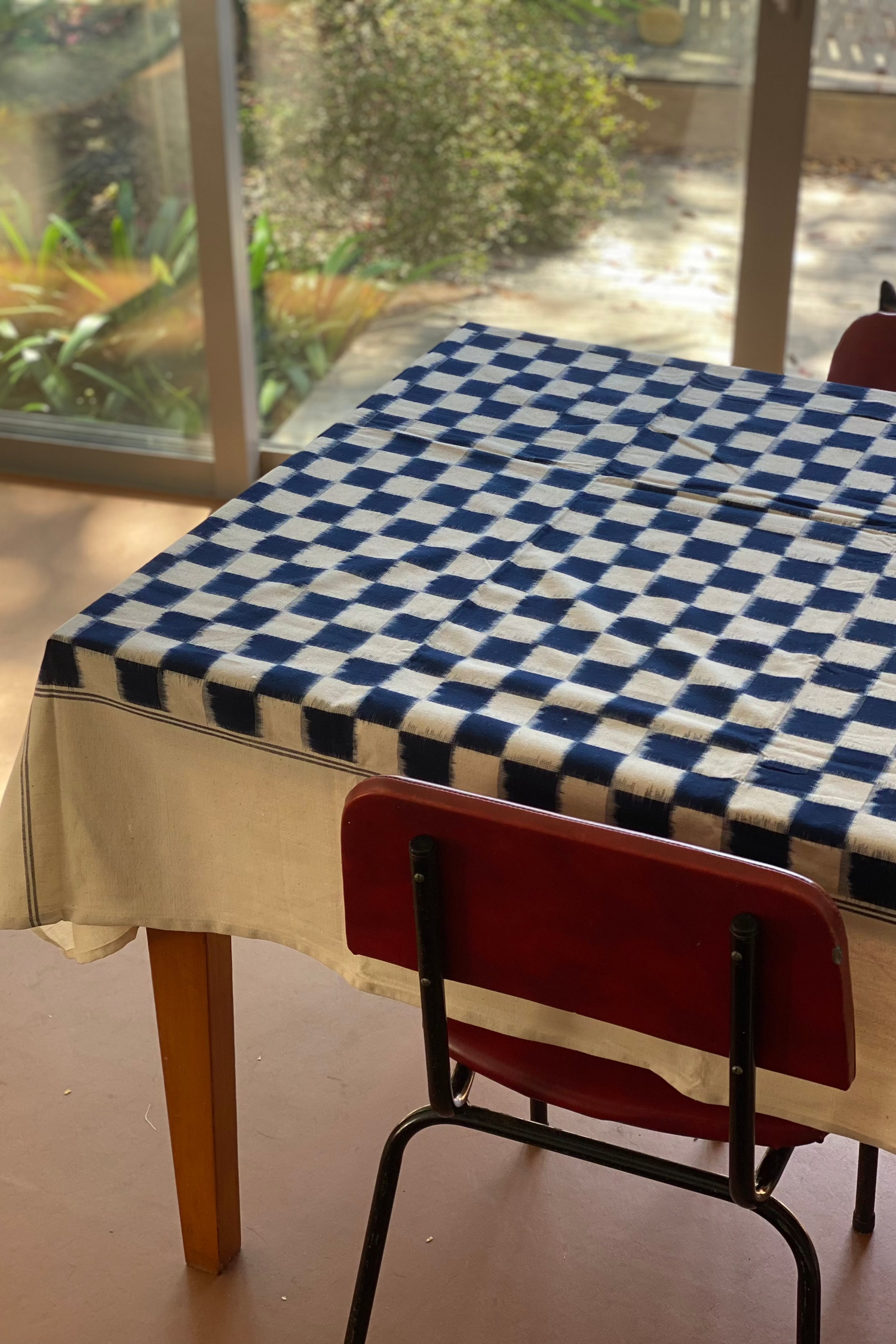 Handwoven cotton Ikat tablecloth navy check