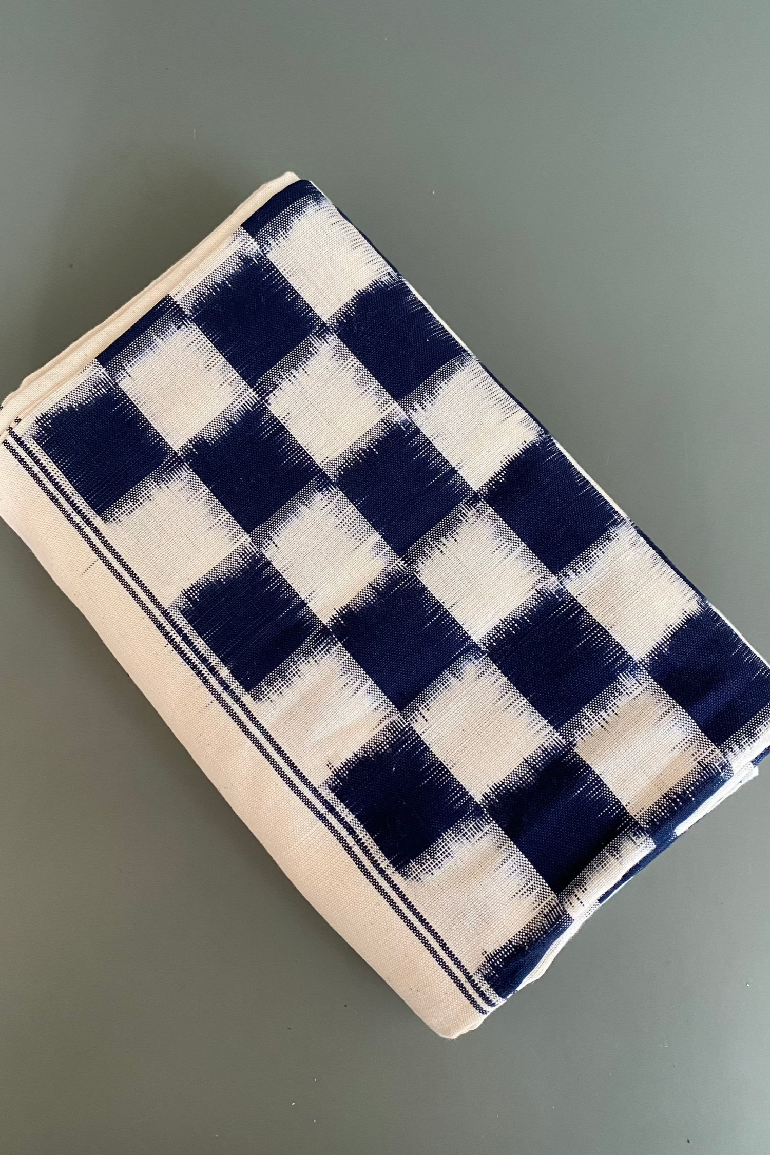 Handwoven cotton Ikat tablecloth navy check