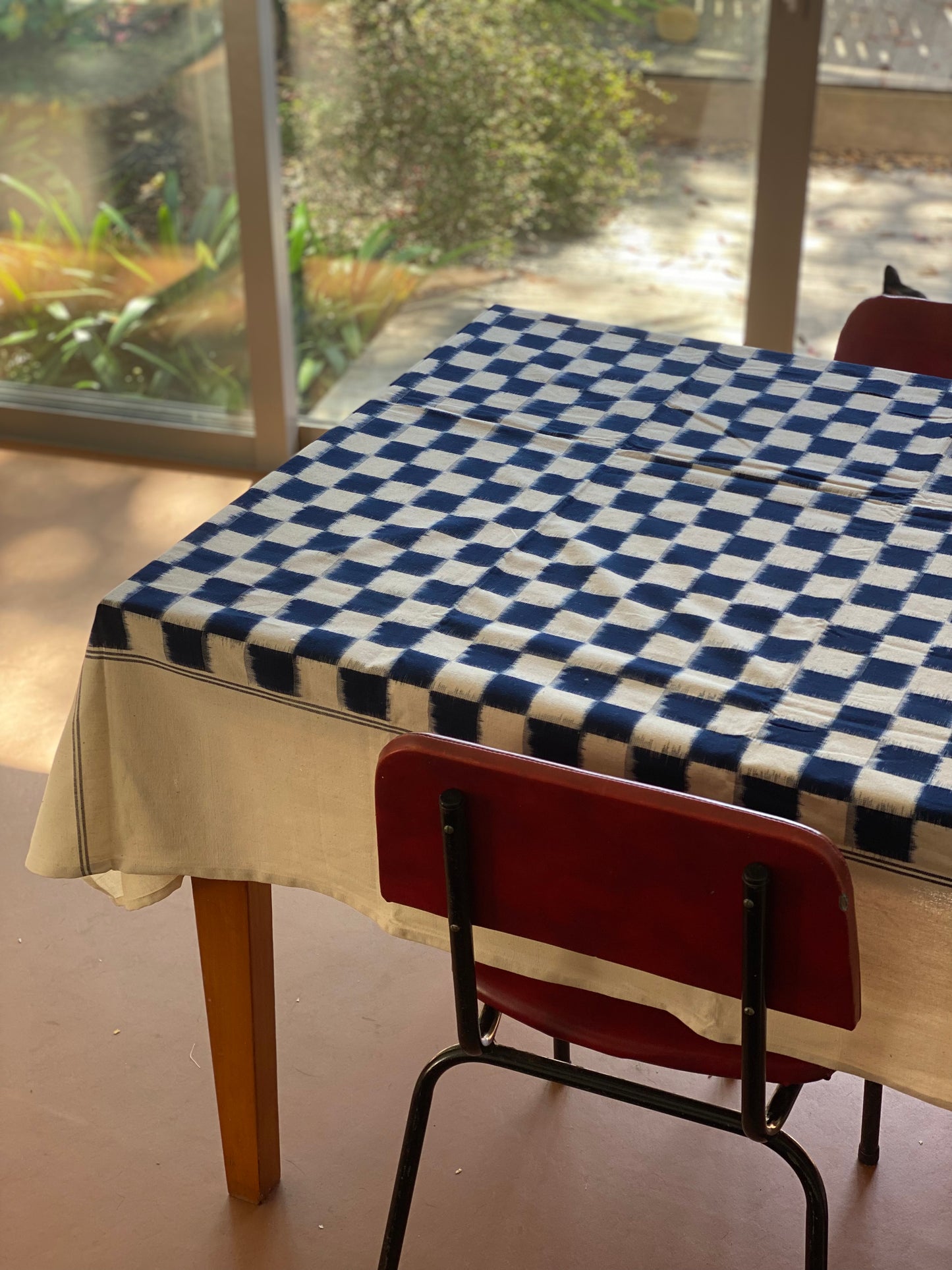 Handwoven Cotton Ikat Tablecloth - Navy Check